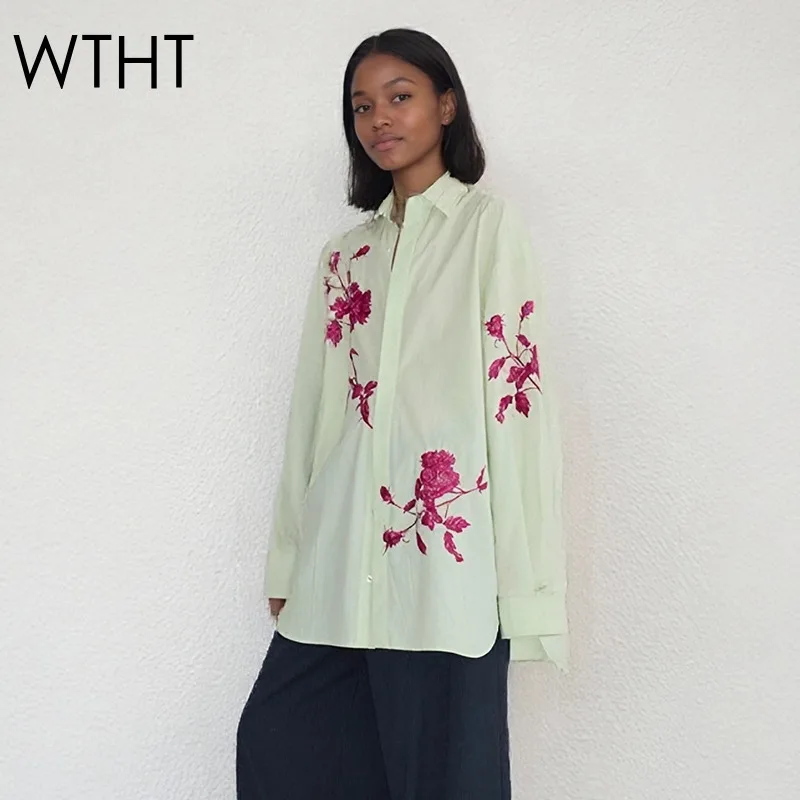 

WTHT 2025 Summer Fashion Women's Flower Embroidery Loose Shirts New Trendy Lapel Long Sleeves Blouse Female 1LS2250