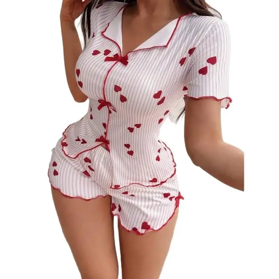 Women Striped Heart Print Pajamas Short Sleeve Lapel Button Shirt Ruffled Trim High Waist Shorts Slim Home Sleepwear Sets 97FY