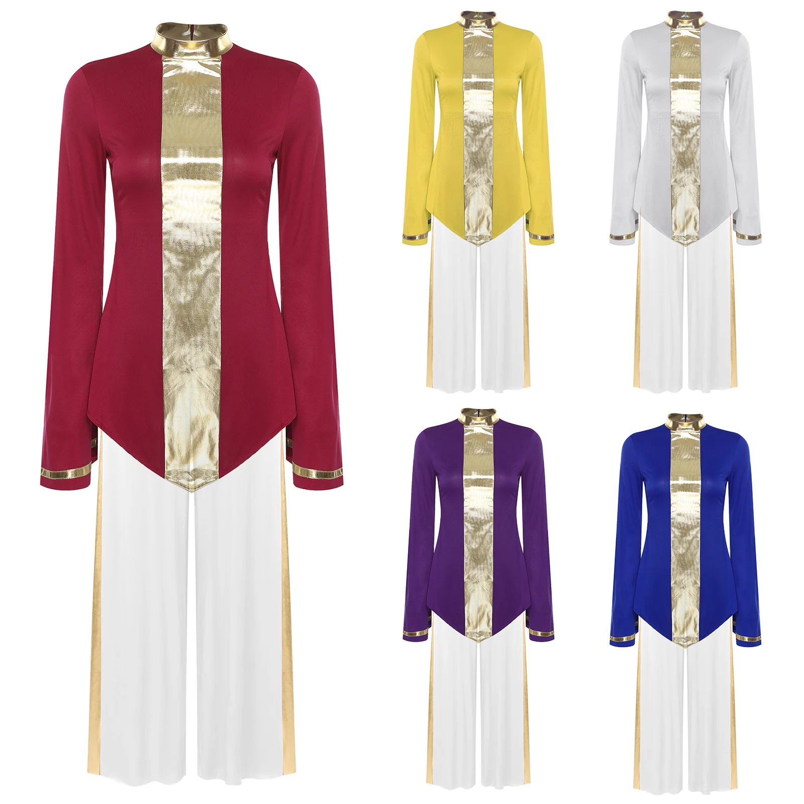 المرأة الحديثة الغنائية الثناء ملابس الرقص جوقة الكنيسة العبادة الليتورجية زي طويل الأكمام قميص معدني مع السراويل الطويلة