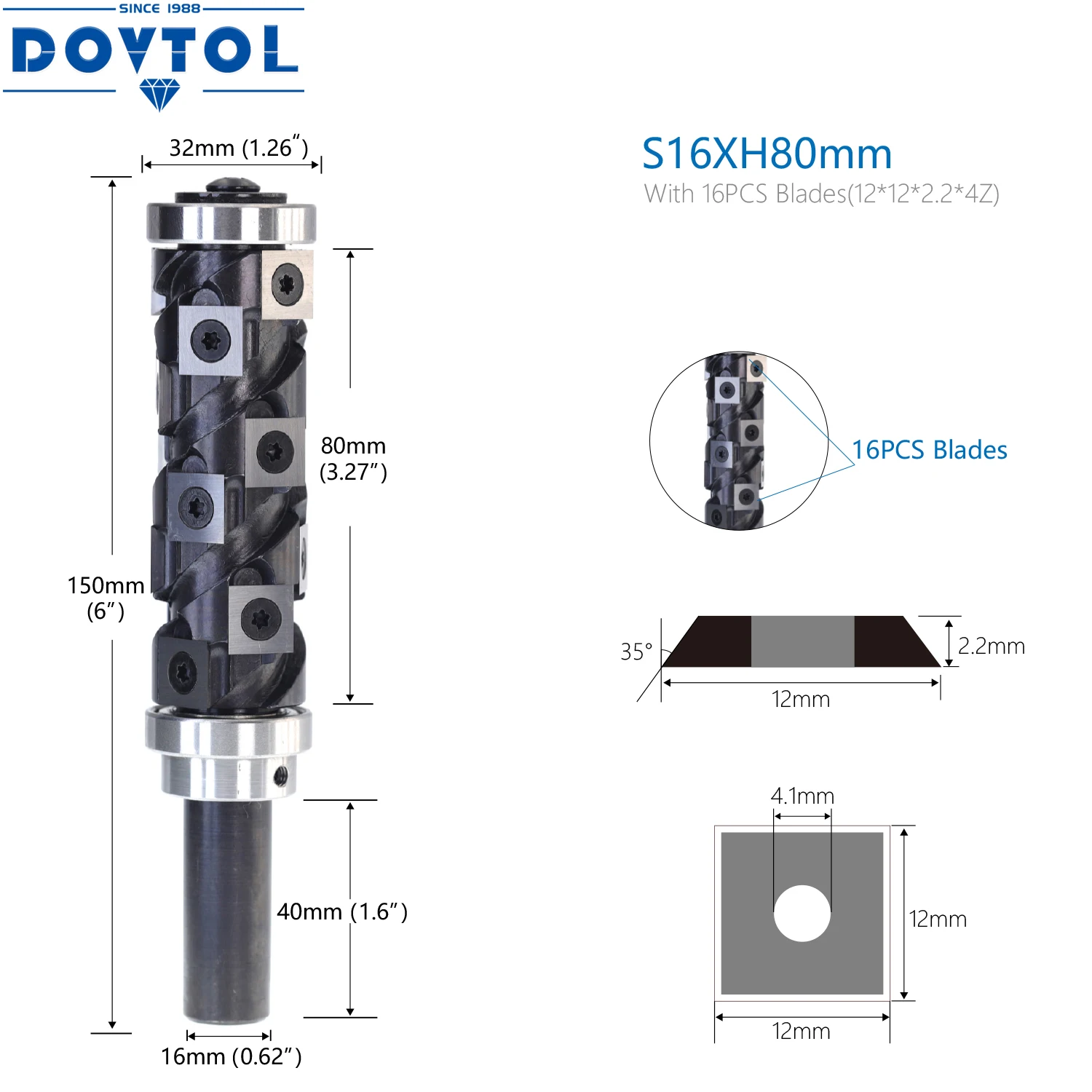 CNC Spiral Trimming End Mill Vertical 16mm Shank Flush Trim Router Bit 80mm Cut Length with 12x12x2.2mm Carbide Inserts