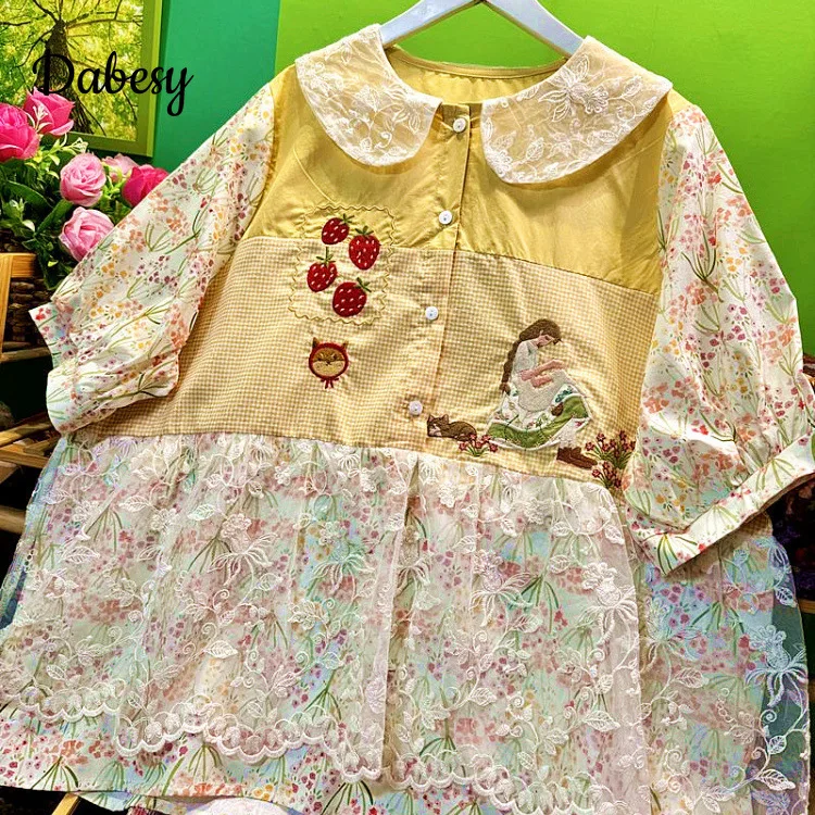 

Summer Kawaii Patchwork Blouse Women Vintage Peter Pan Collar Short Sleeve Flower Shirt New Japanese Preppy Style Button-up Top