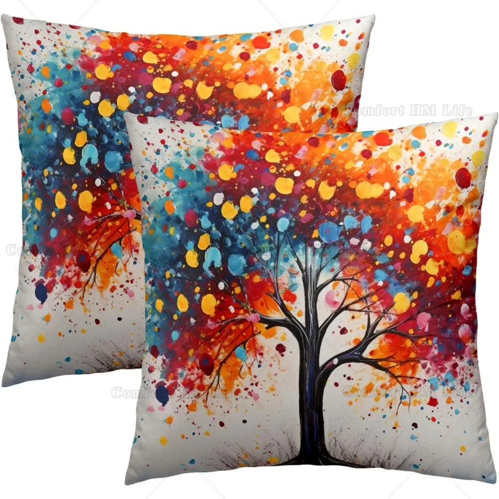 Colorful Tree Throw Pillow Covers Rainbow Plant Art Multicolor Pillow Cases Set of 2 Modern Home Decor for Sofa Bed Car Couch