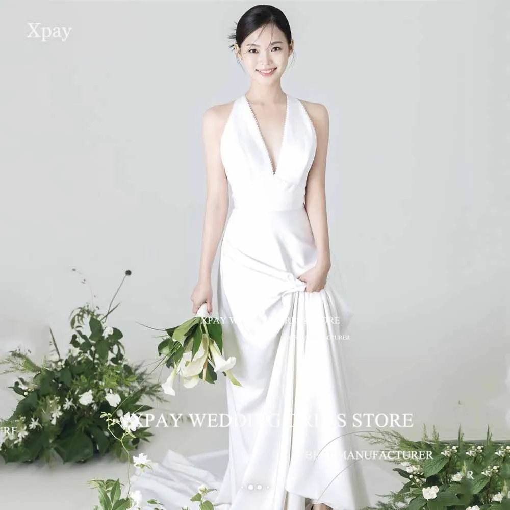 

XPAY Vintage Deep V Neck Korea A Line Wedding Dresses Soft Stain Sleeveless Bridal Gown Custom Made Photos Shoot Bride Dress