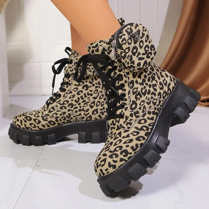 Leopard Print Chunky Heels Schuhe Frauen Plattform Stiefeletten Casual Sneaker Winter 2025, Trend Designer Lace Up Schnee Botas Mujer