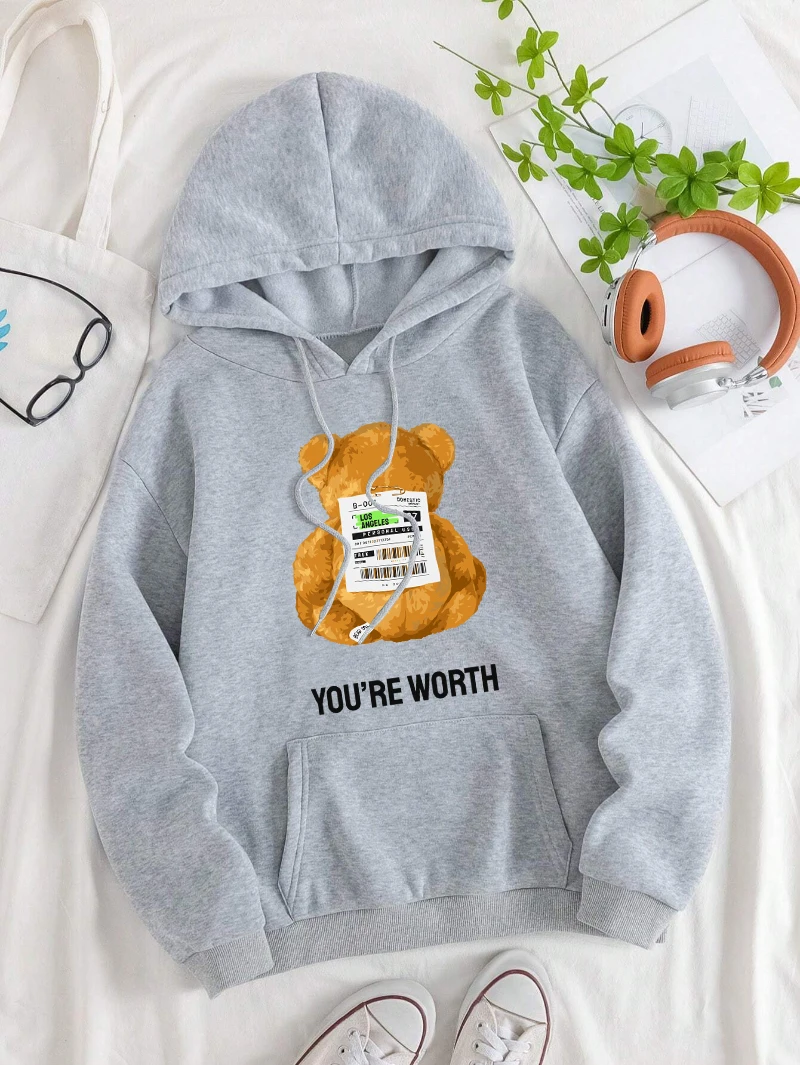 Stuffed Bear Hoodie Women You'Re Worth Letter Printing Tops Loose Fleece Warm Pocket Streetwear Winter Comfortable Woman Clothes