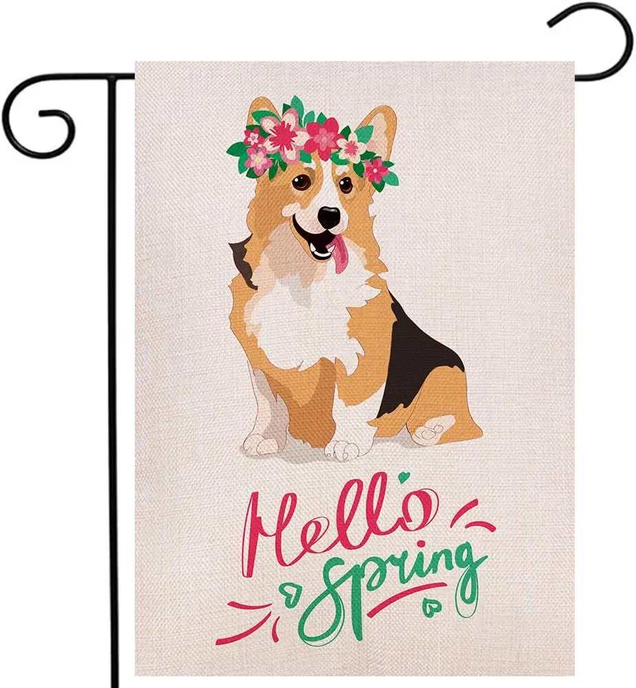 Spring Corgi with Flower Garden Flag Vertical Double Sided 12.5x18 Inch Burlap Rustic Farmhouse Yard Outdoor Flag Décor