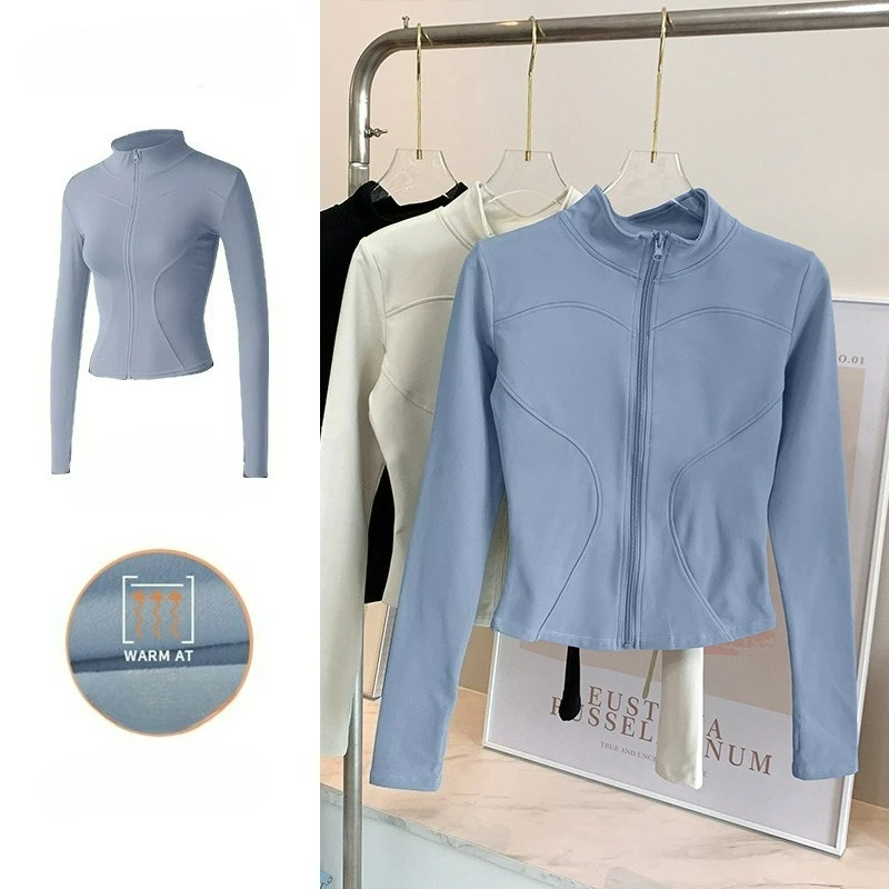 

Long Sleeve Sports Jacket fleece-lined Women Zip Fitness Yoga Shirt Winter Warm Gym Running Coats Workout Clothes Woman
