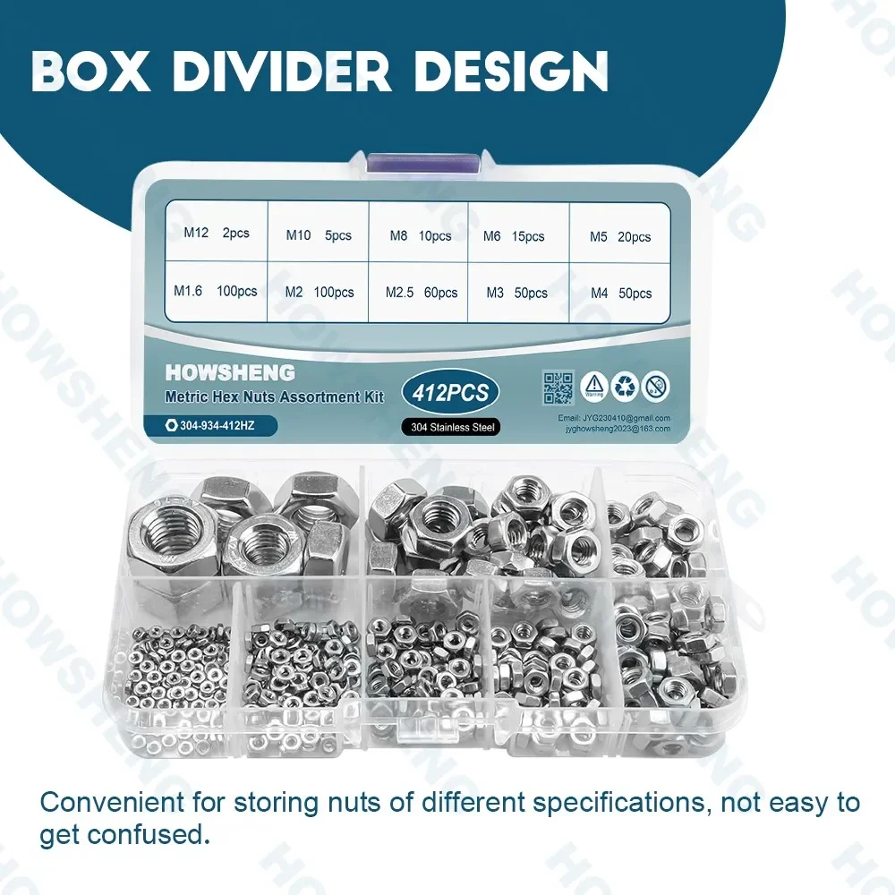 Juego surtido de tuercas hexagonales de 412/432 Uds M2 M4 M6 M8 M10 M12 M14 Kit surtido de tuercas hexagonales de acero inoxidable 304 DIN934