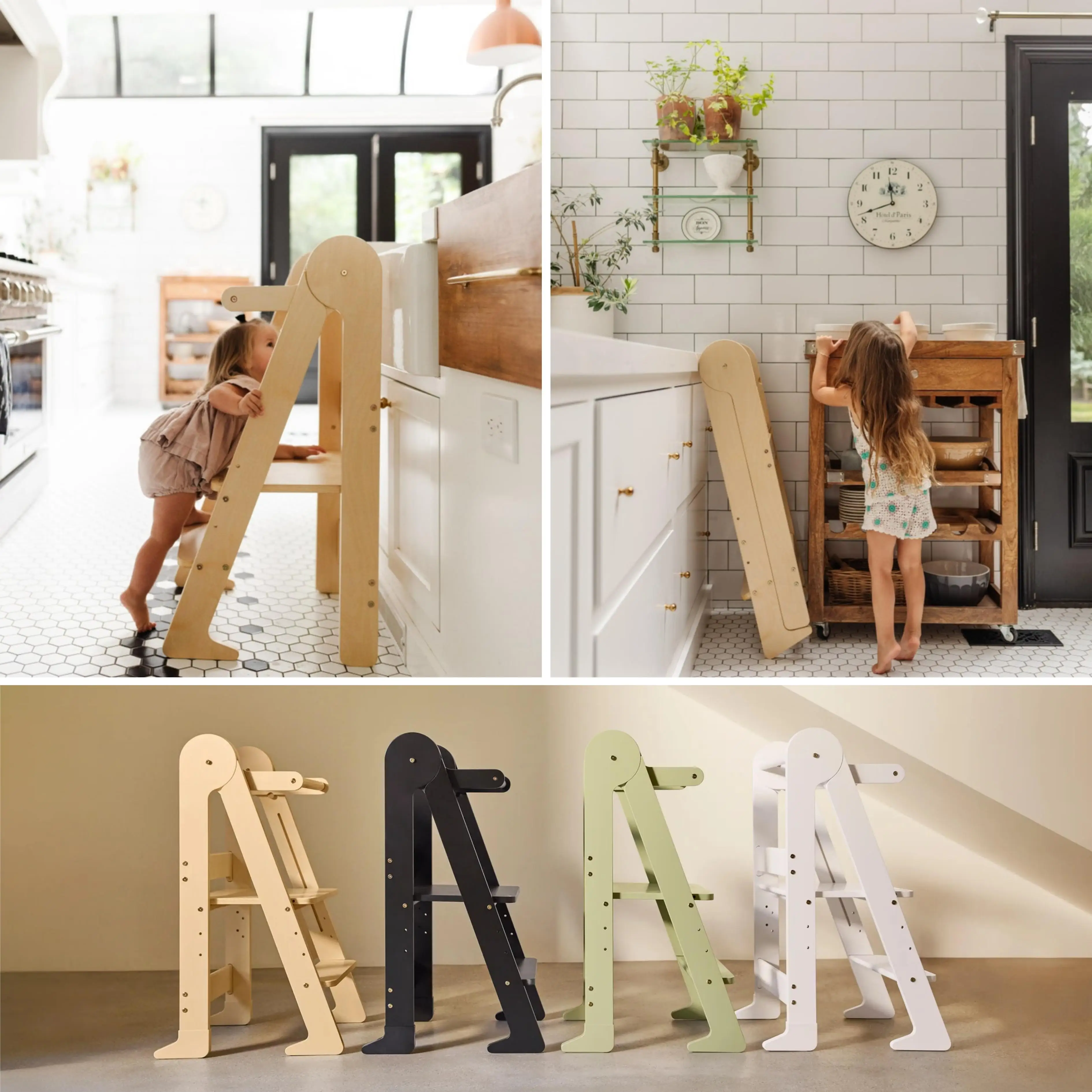 Space-saving foldable wooden children's adjustable kitchen assistant, toddler standing activity step tower learning tower