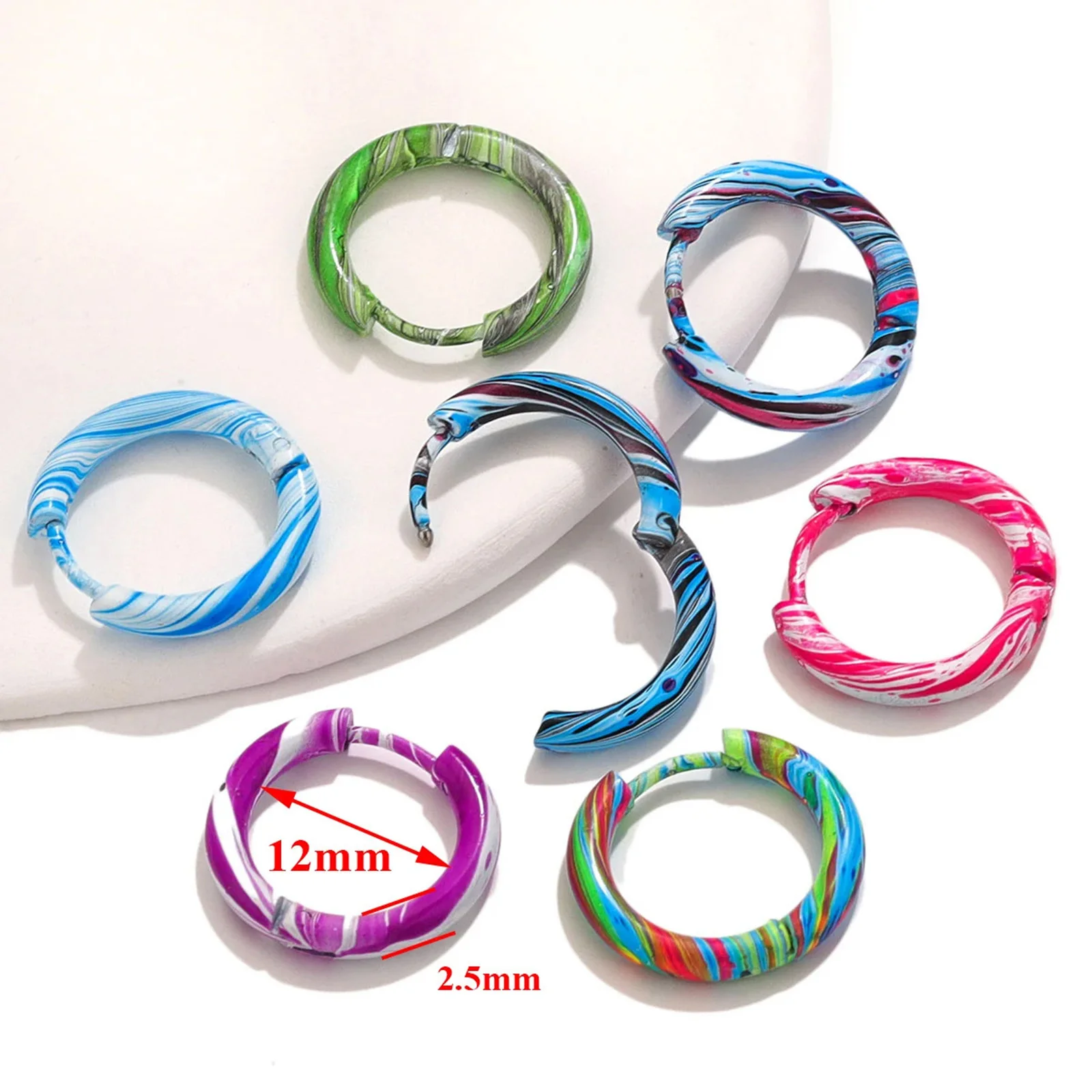 1Pair Fashion Multicolor Gradient Enamel Circle Earrings 12mm Stainless Steel Hoop Earrings For Women Piercing Jewelry 12mm Dia.