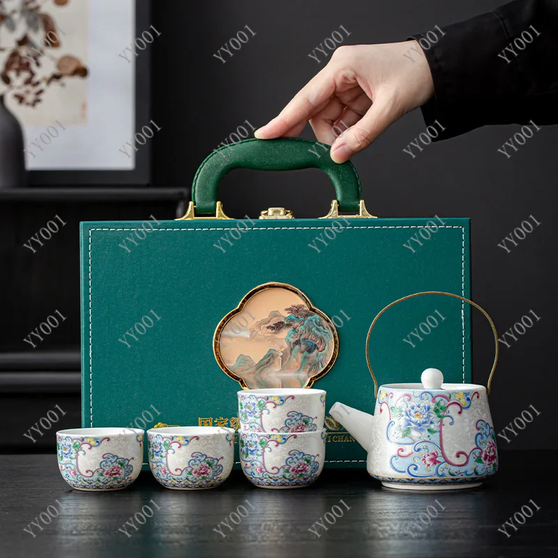 

Enamel Handmade Silver Handle Teapot Set 1 Pot 4 Cups Kung Fu Tea Set Business Gift