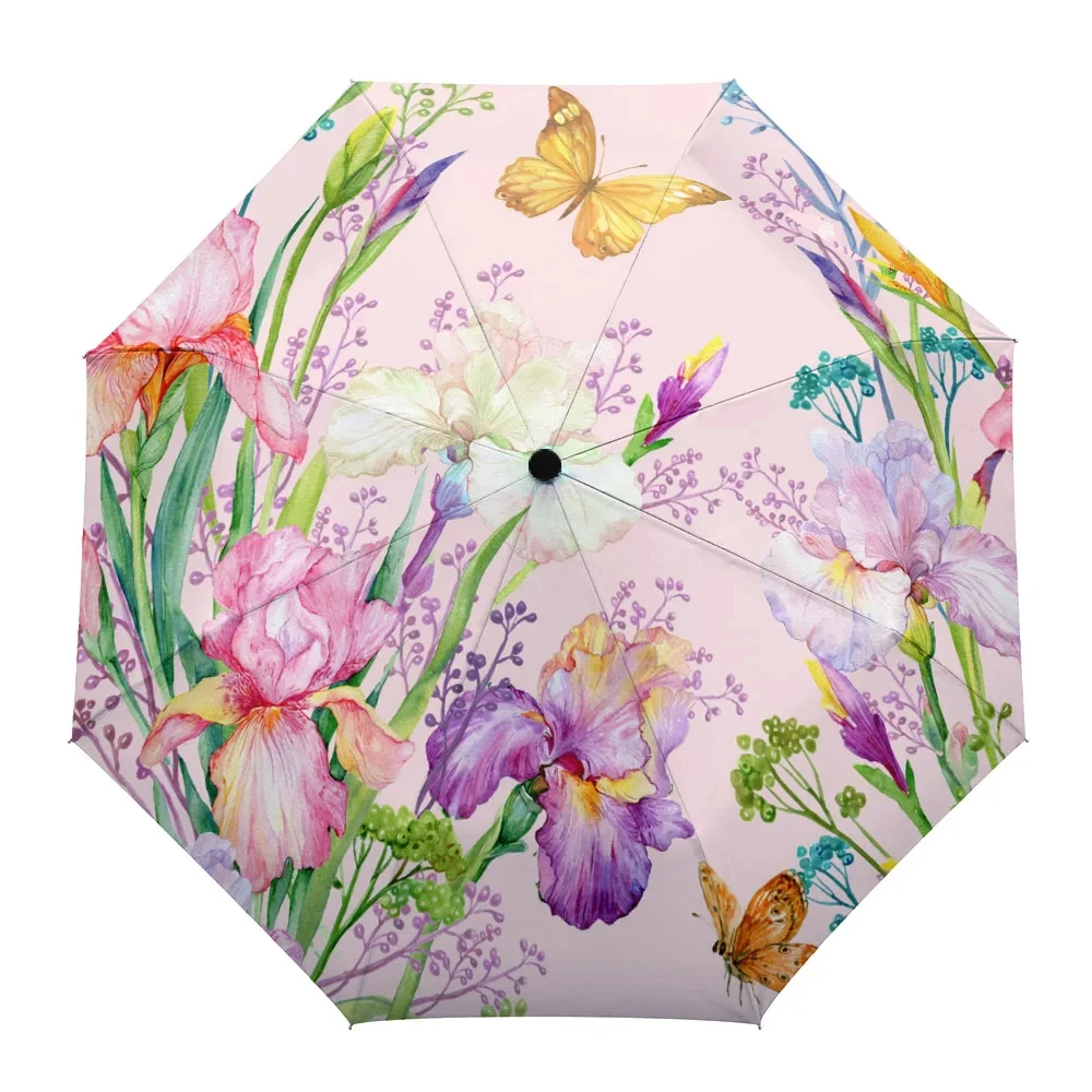 Butterfly Floral Folding Travel Umbrella Color Oil Painting Flowers Umbrellas Windproof Lightweight Parasol Umbrella Sun & Rain