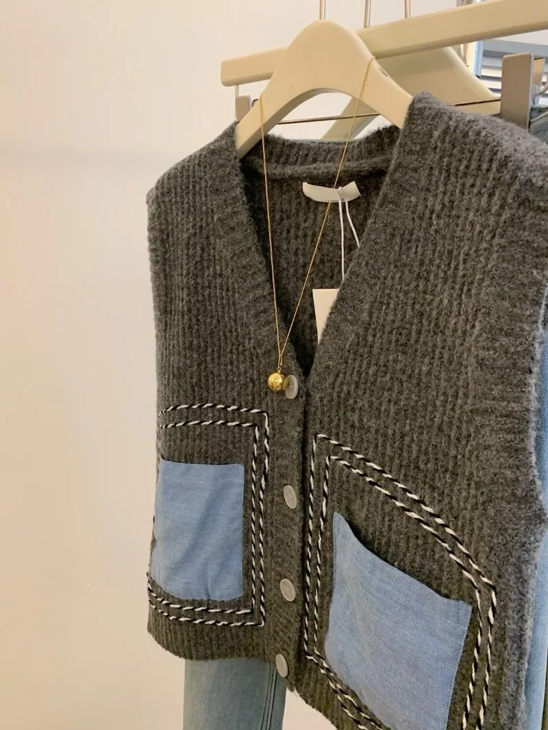 Pull patchwork à col en V pour femme, cardigan vintage, veste Y2K, haut court, streetwear, nouveau, automne