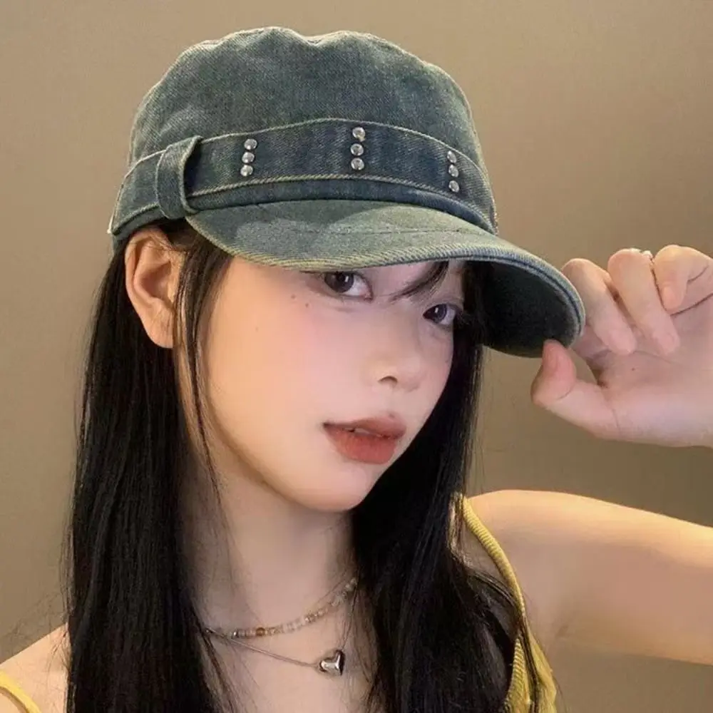 

Vintage Rivet Flat Top Hat Y2k Washed Denim Peaked Cap Visor Gothic Cadet Cap Travel
