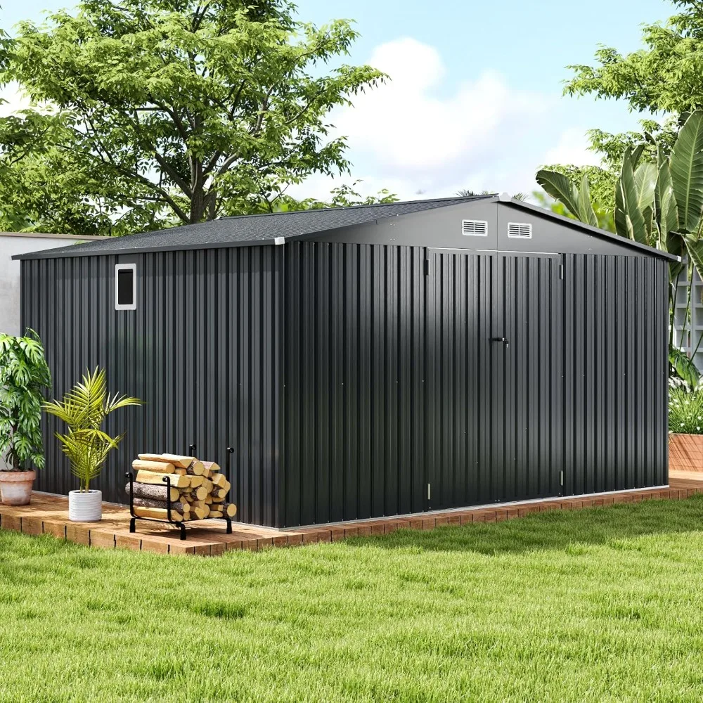 

12 X 9.8 Ft Outdoor Storage Shed, All-weather Rust-proof Galvanized Metal Tool Shed with Lockable Door, Sloping Roof and Windows