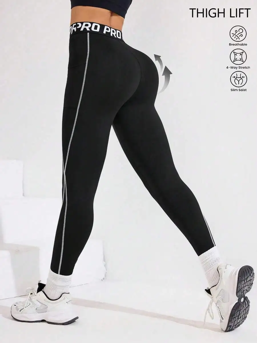 

Women Black High Waist Thigh Lift Leggings With Side Stripes Breathable 4-Way Stretch Workout Gym Yoga Pants