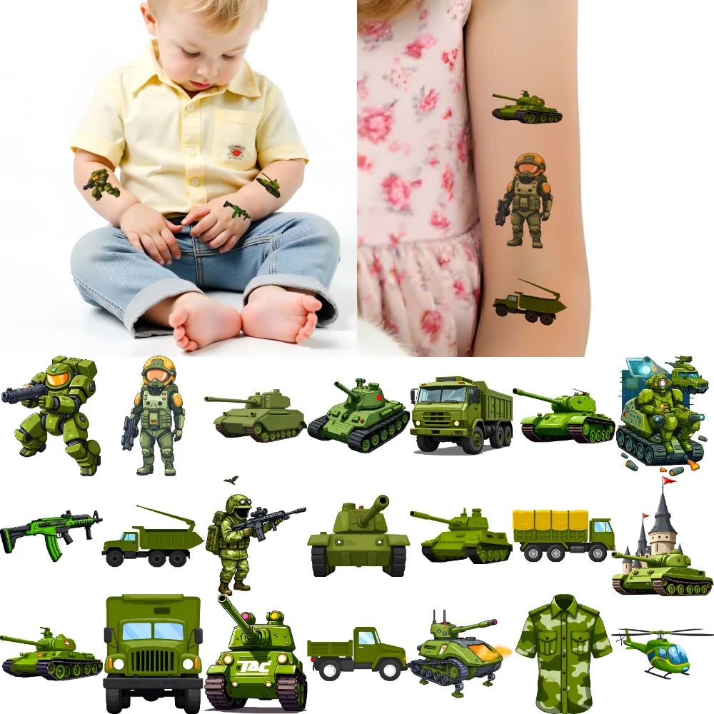 

63pcs Temporary Tattoo Army Figures Temporary Tattoo Stickers Military Vehicles Tank Illustrations Cartoon For Children Girls