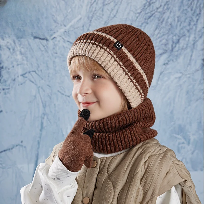 

Winter boy's hat, gloves, and scarf set; warm, lined ear protection knit hat for children's outdoor activities