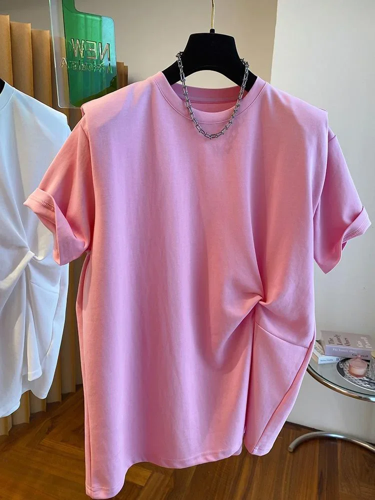 

2025 Summer New Women Twisted Chic Design Short-sleeved T-shirt Round Neck Solid Color Casual Tops ZT142
