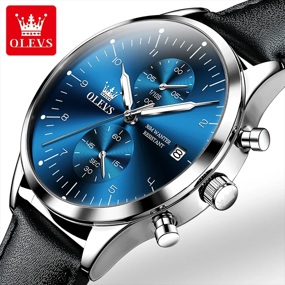 OLEVS 2880 Waterproof Quartz Watch for Men Genuine Leather Strap Business Super-thin Complication Men Wristwatch Luminous