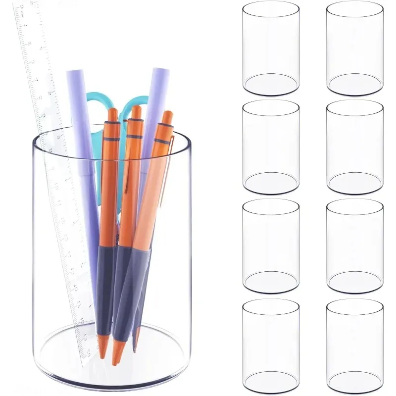 3Pcs Stylish Clear Acrylic Desk Organizer Pen and Pencil Holders Round Makeup Brush Storage for Home, School and Office Supplies