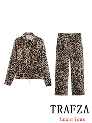 TRAFZA Vintage Casual Chic donna Leopard Print Suit monopetto Lace-up Shirt pantaloni lunghi larghi New Fashion 2024 Summer Sets