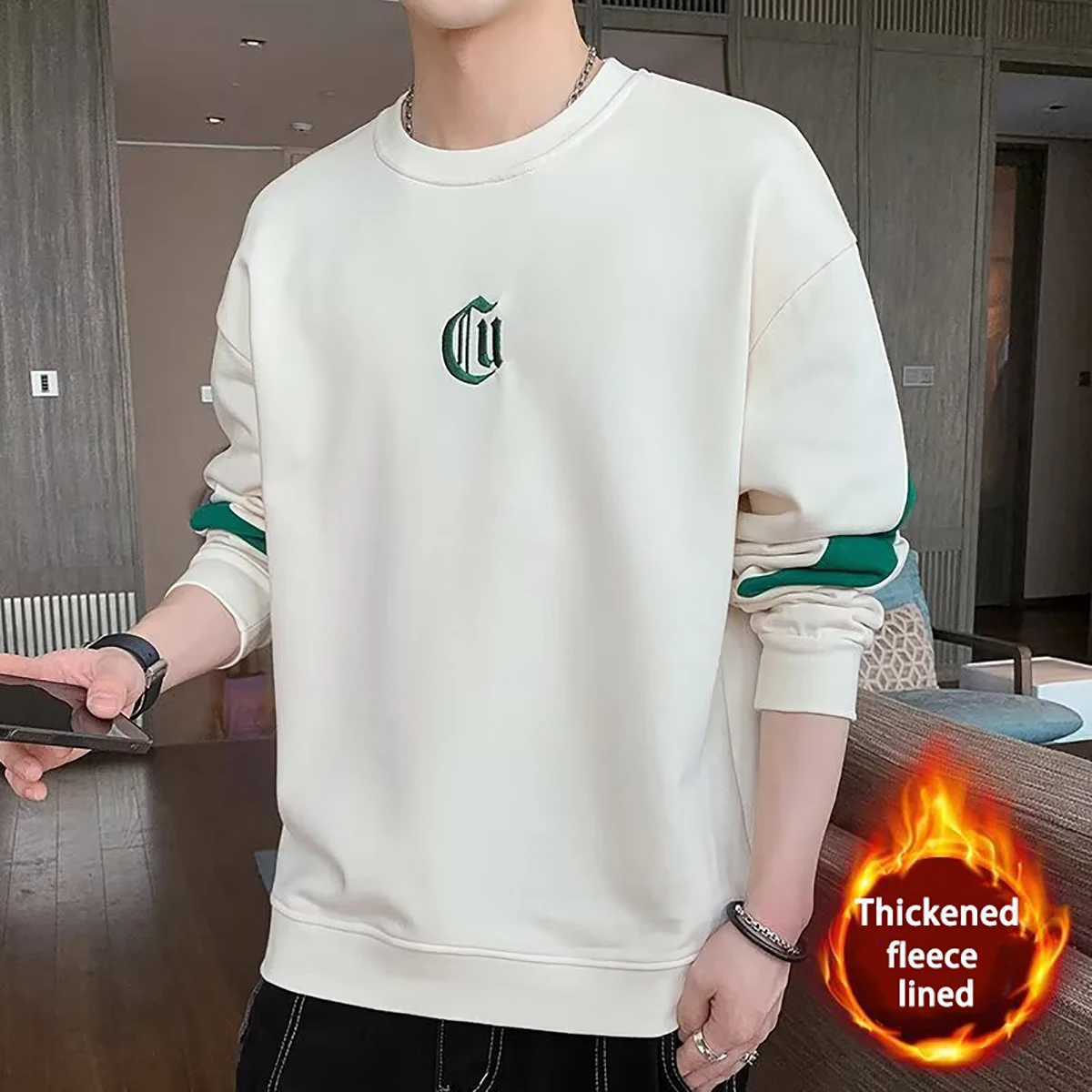 Men's Round Neck Long Sleeved Printed Pattern Top Youth Casual T-shirt Thick Warm Autumn Winter Couple Outfit