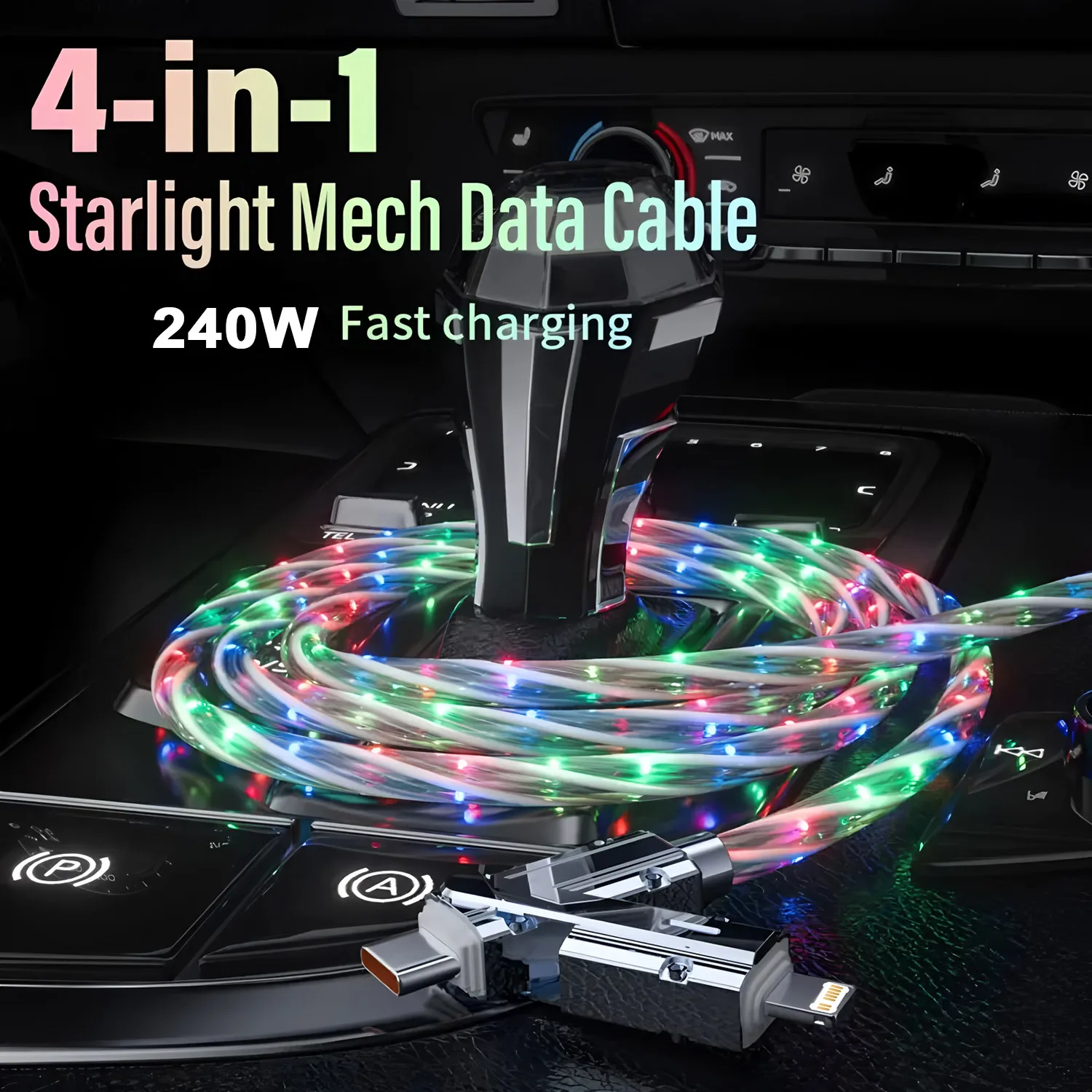 RGBUSB Type C Max 240W Fast Charging and Data Sync 4-in-1 Multi-Function USB Charging Cable for iPhone 16 15 iPad Xiaomi USB RGB