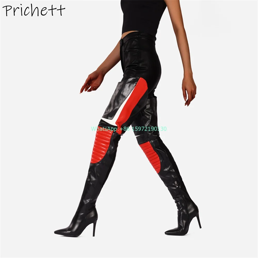 Patchwork Thigh High Boots Black Red Pointy Toe Thin Heels Side Zipper Winter Shoes Sports Style Street Photo Stiletto Shoes