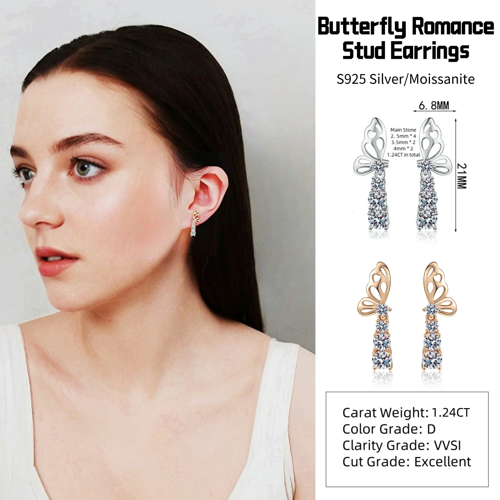 

Luxury Butterfly Design ​S925 Sterling Silver with Moissanite Diamond Elegant Stud Earrings Ladies' Jewelry Women's Jewellery