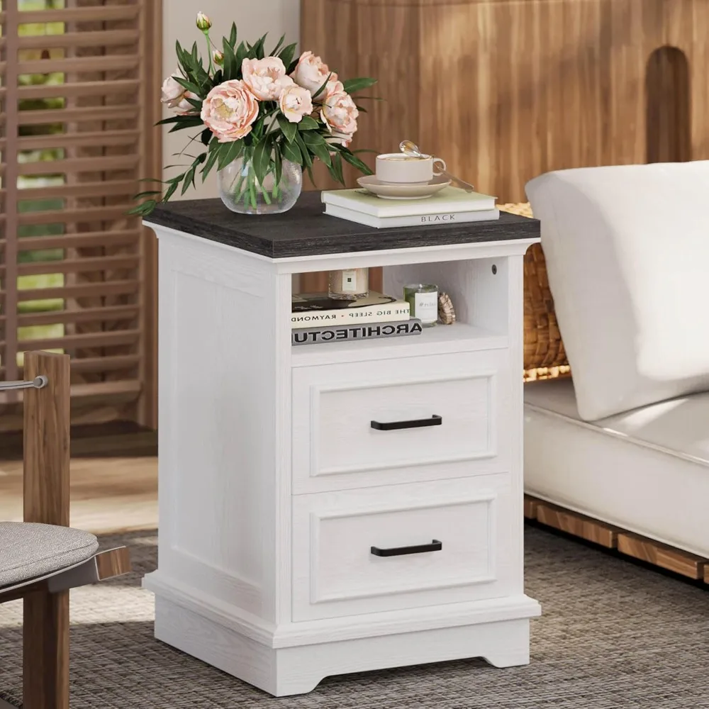 

Farmhouse Nightstand with Storage Drawers and Open Shelf, Small End Tables Living Room, Rustic Wood Side Tables for Bedroom