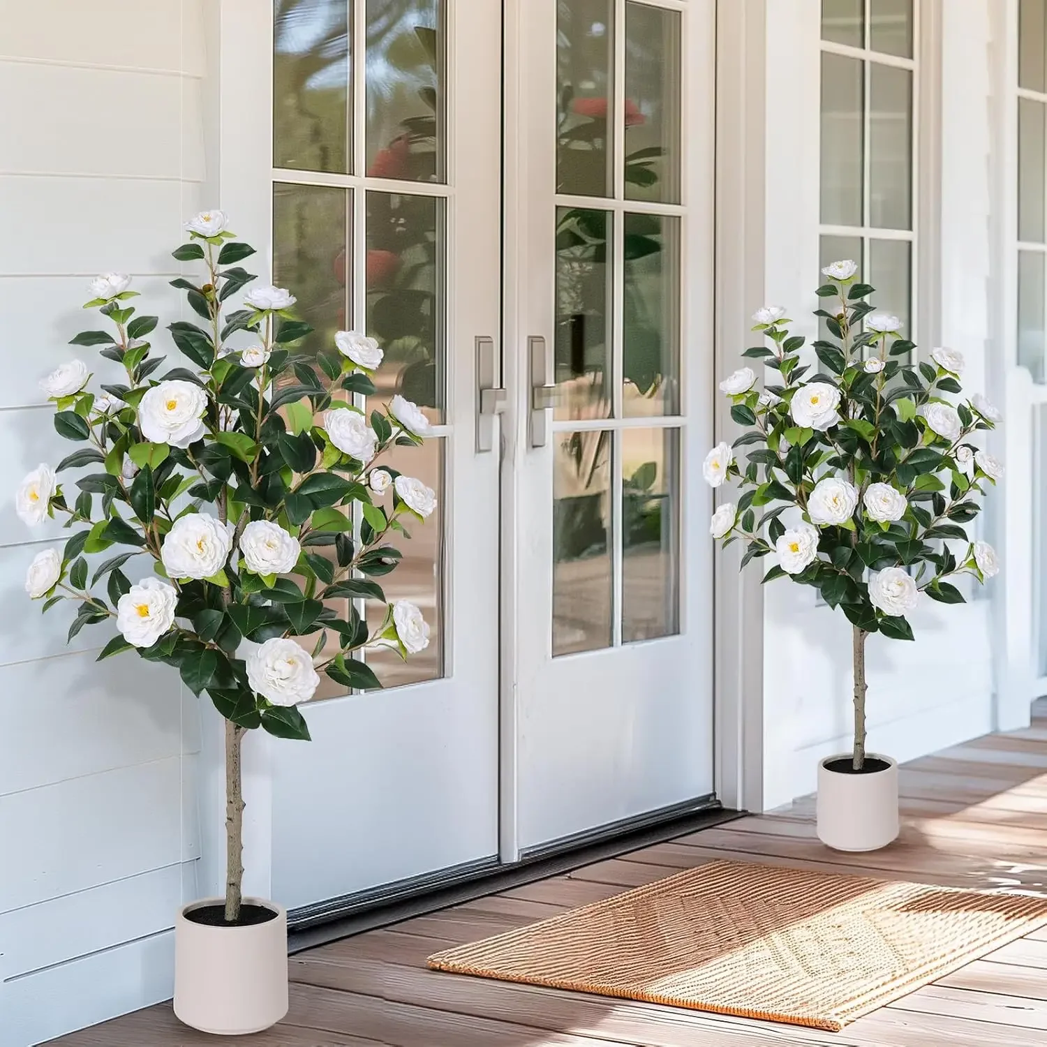 47 inch Artificial Camellia Tree with White Flower Pots -2 Pack White Fake Tree,4 Ft Faux Plants Indoor wich Blooming,Artificial