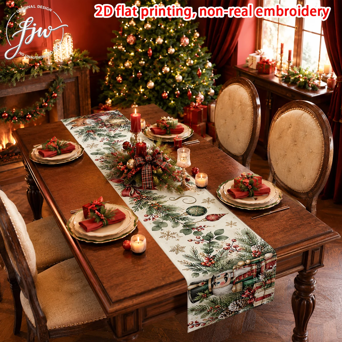 1pc Christmas Vintage Table Runner, Winter Holiday Festive Dining Table Decor for Home Kitchen Party