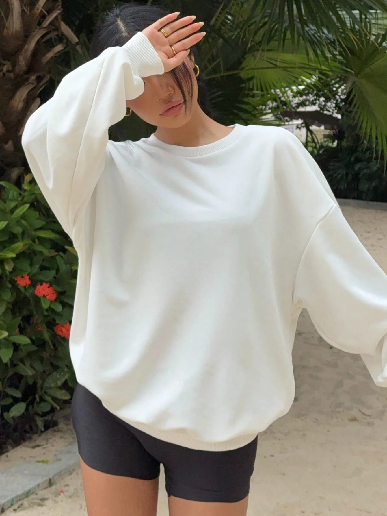 Women\'s autumn and Winter white sportswear pullover loose casual top New Casual Solid Color Long Sleeve Crewneck Sweatshirt