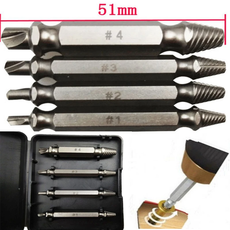 4pc Broken Bolt Remover Damage Screw Extractor Easy Out Drill Bits Stud Reverse