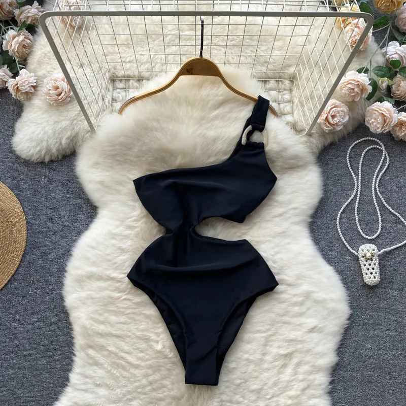 

Women Korea Fashion Bodysuit Lady Black One Shoulder Skew Neck Trendy Design Onesie Rompers Summer Tropical Night Out Playsuit