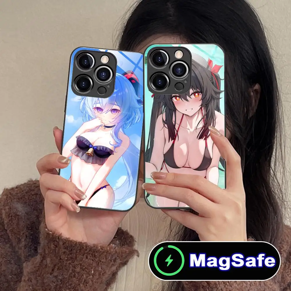 حافظة هاتف محمول Genshin Impact Ecchi لهاتف iPhone 16 15 14 13 12 11 Pro Max Plus Mini MagSafe غطاء حماية بلون زجاجي