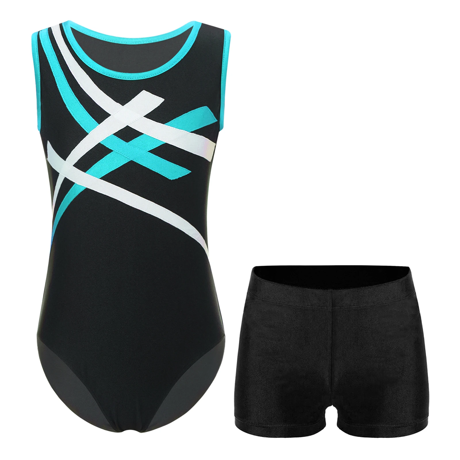 Kids Boys Contrast Color Figure Skating Bodysuit with Shorts Teens Gymnastics Jumpsuit Children Training Bodysuit Yoga Leotard