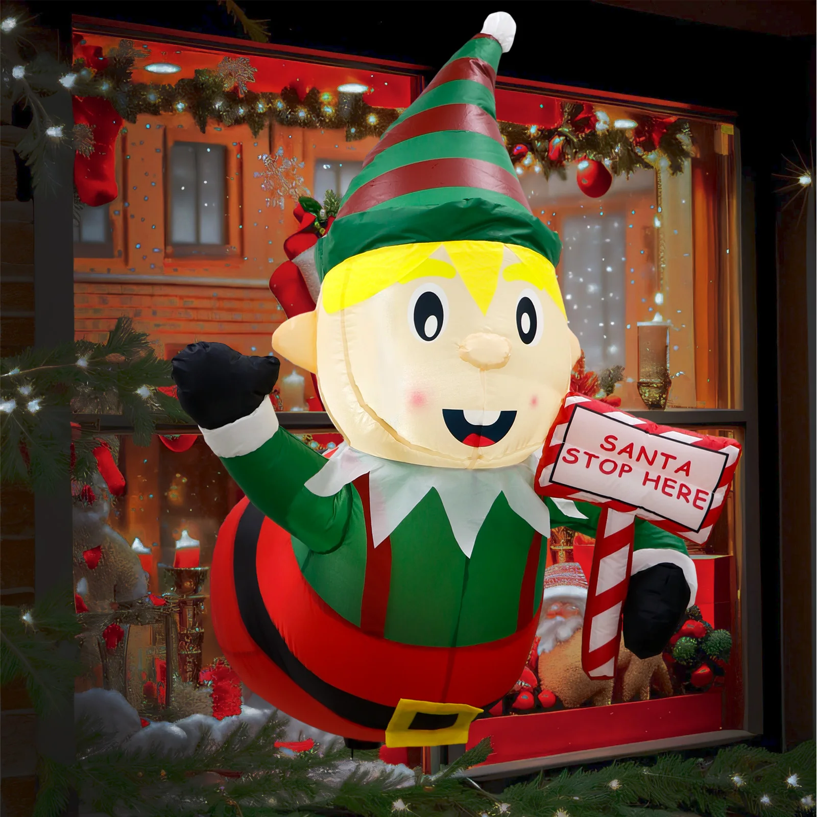 OurWarm 3.5 Ft Christmas Inflatables Outdoor Decorations Christmas Inflatable Elf Broke Out from Window Built-in LED Lights