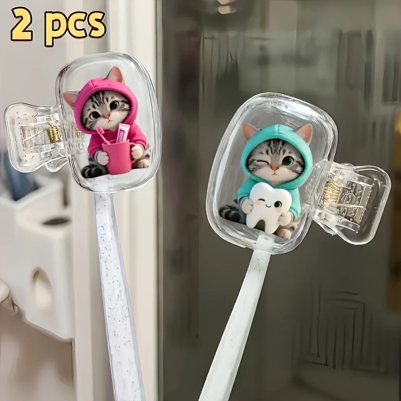 2pcs Kitten Holding Tooth Cup and Tooth Toothbrush Head Cover for Bathroom Camping and Business Supply Gift for Girls Couples