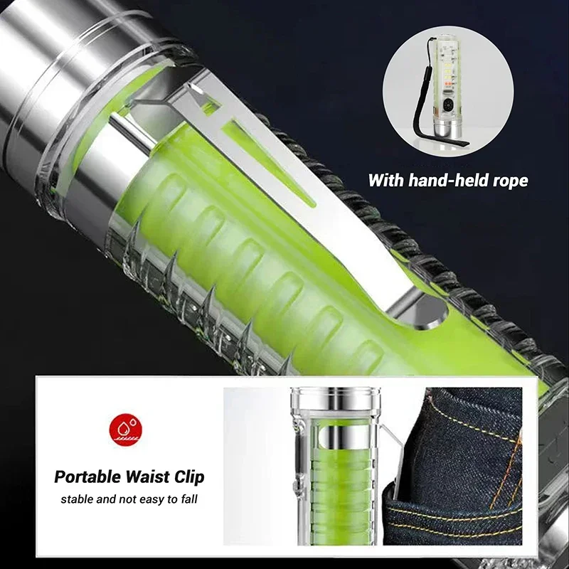 Powerful LED Mini Flashlight Type-C Rechargeable Torch with Magnet Multifunction Spotlight Lamp Portable Searching Light 8 Modes