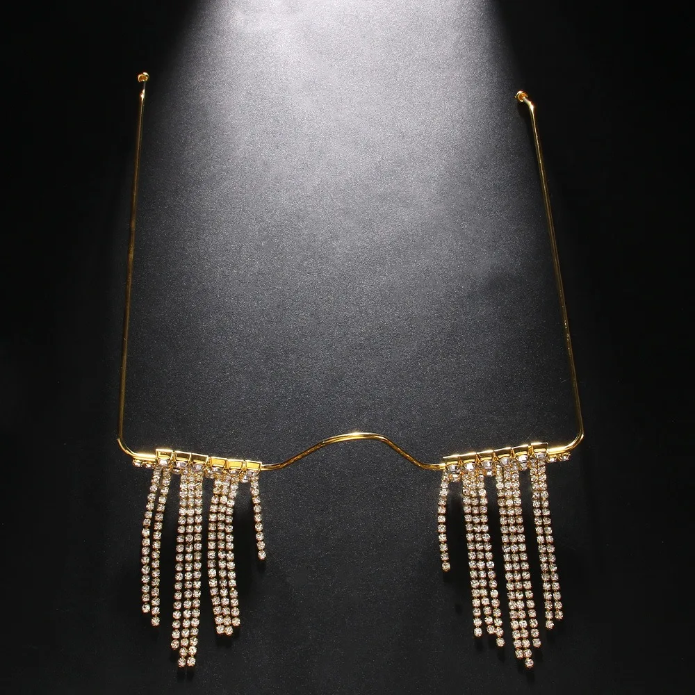 Foldable Tassel Rhinestone Eyeglass Frame Crystal No Lens Glitter Mask Decoration Geometric Shiny Half Frame Glasses Chain