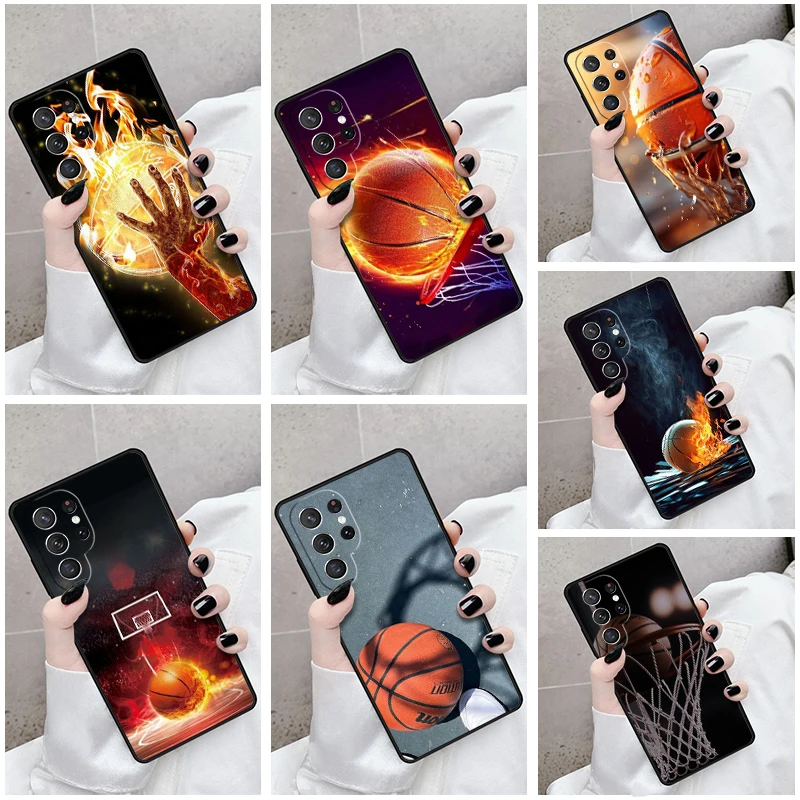 Phone Case For Samsung Galaxy S24 S23 S21fe S22 Ultra Plus Note 10 20 S8 S9 S10 Cover Fire Basketball Ball Flaming Player