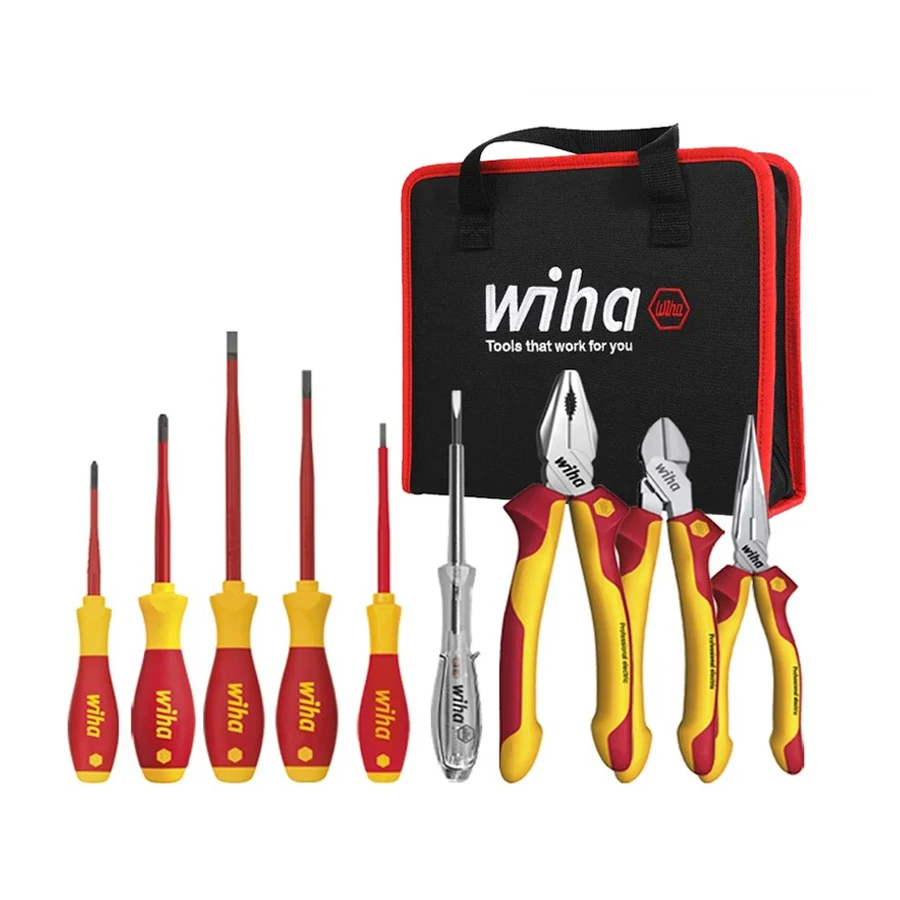 WIHA 90012C Electrician\'s Insulation Tool Set with Combination Pliers Set Screwdriver Set Electrical Test Pen Black Tool Bag