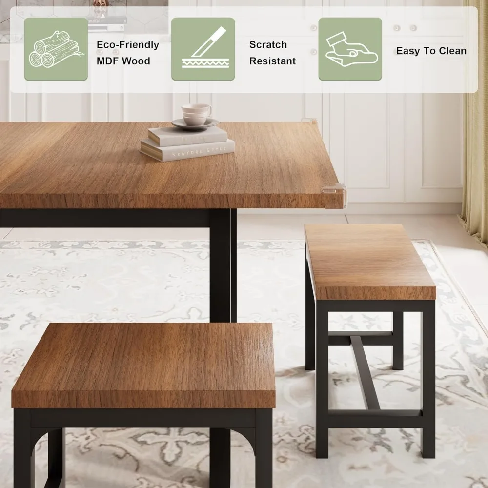 7-Piece Dining Table Set with 6 Stools, 63" Large Extendable Kitchen Table Set for 4-8, Mid-Century Dining Room Table