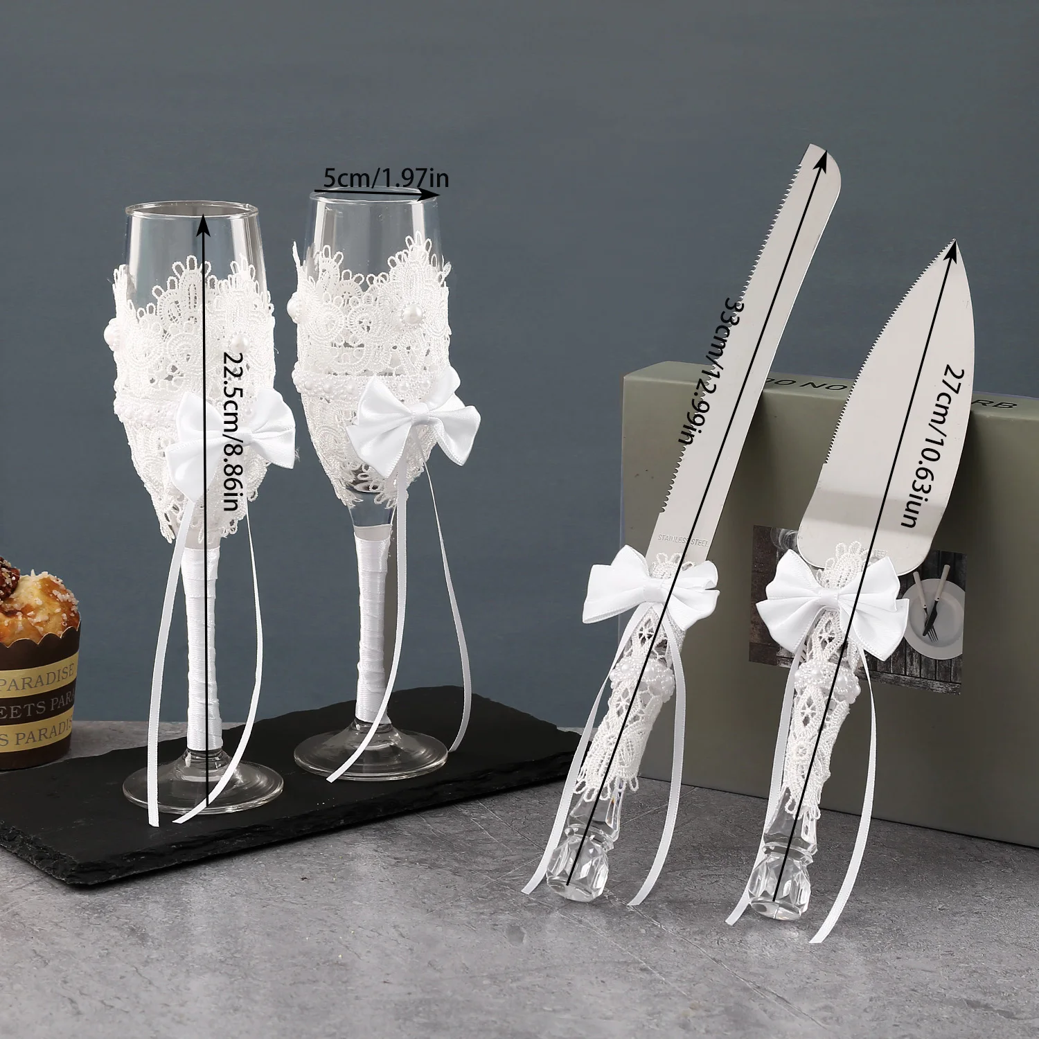 서양식 웨딩 하이 스템 글라스 보우 장식 와인 컵 나이프 및 스패츌라 4종 선물 세트