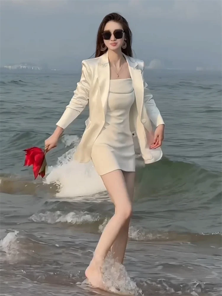 2025 primavera nova moda commute elegante conjunto de duas peças para mulheres temperamento branco emagrecimento terno casaco vestido curto