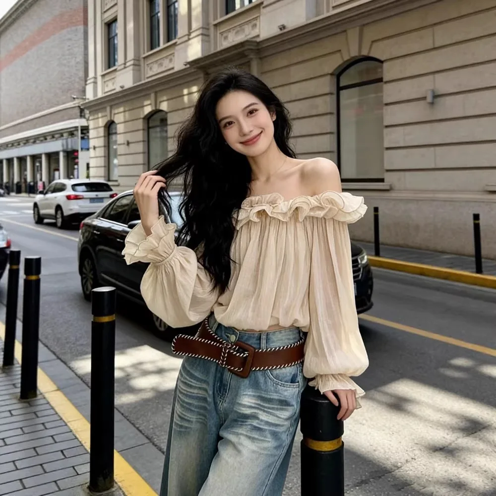 Romantic Lace Trim Pleated Design Sensual Shoulder Bared Short Style Slimming Top Polyester Fiber Floral Pattern Embroidered ...