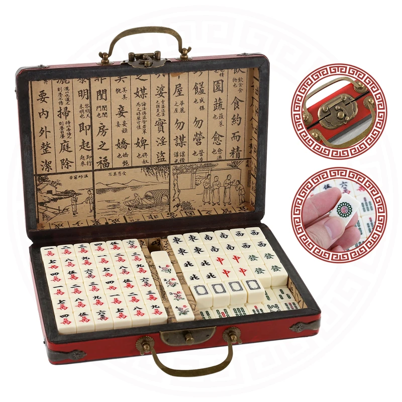 

144 Tiles Mini Chinese Numbered Mahjong Set with Antique Storage Box Chinese Traditional Mahjong Family Tabletop Game Leisure