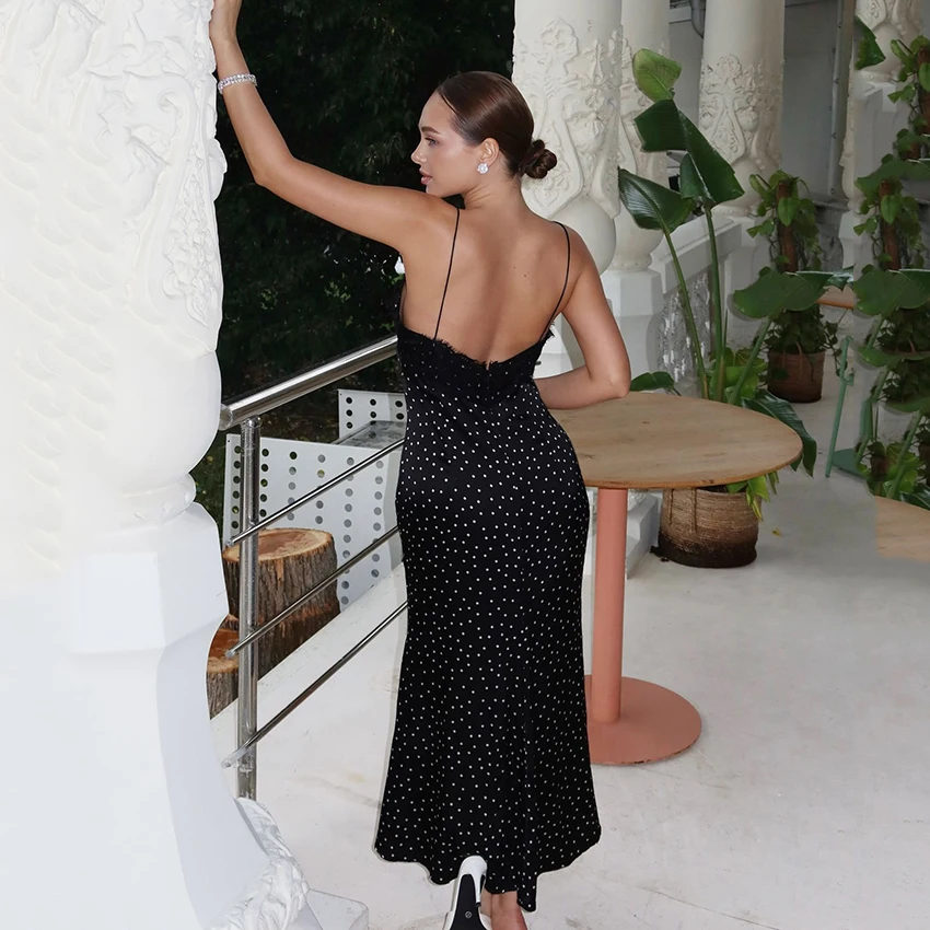 Linad elegante preto polka dot renda vestido longo feminino sexy cinta de espaguete vestidos de festa rua chique cintura alta vestido trompete 2025